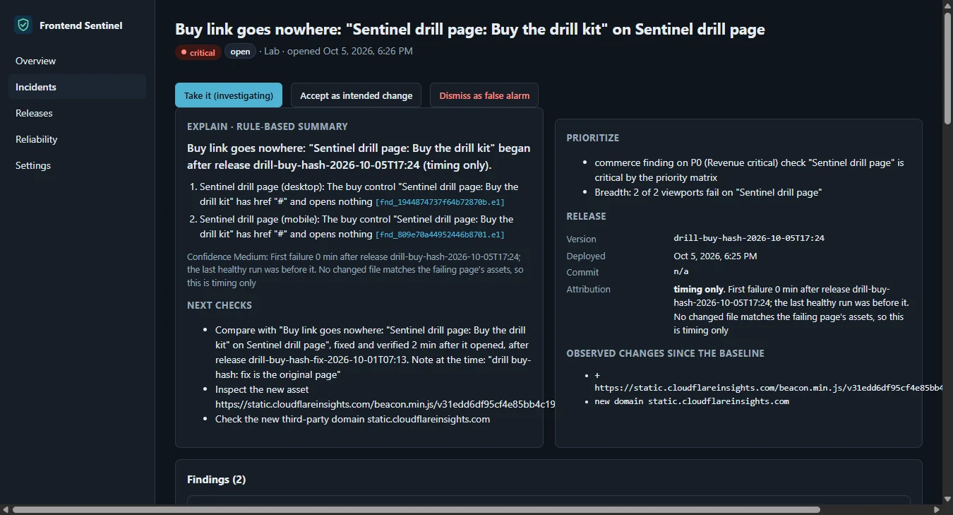 Frontend Sentinel incident page while open: a rule-based summary naming the desktop and mobile findings, the release the failure began after with attribution timing only, the priority reasons and observed changes since the baseline.