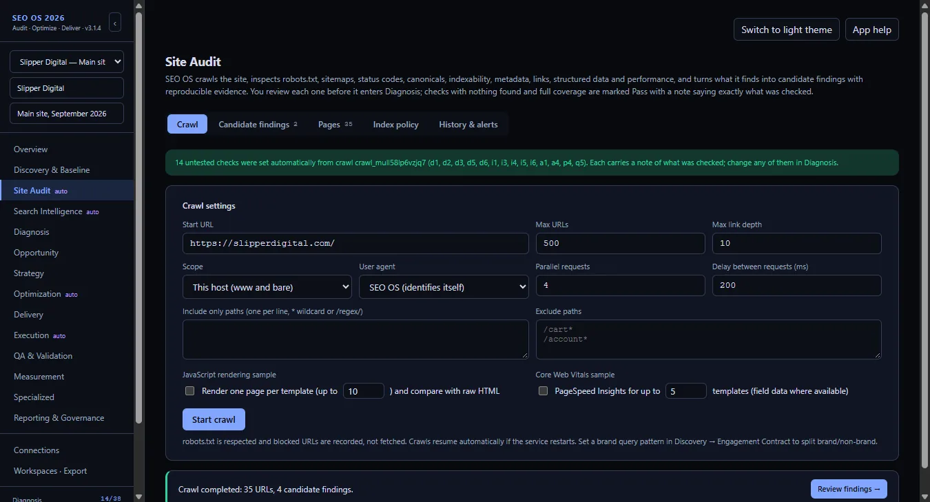 SEO OS Site Audit screen after the crawl of slipperdigital.com: crawl settings, 14 checks set automatically, and the notice that the crawl completed with 35 URLs and 4 candidate findings.